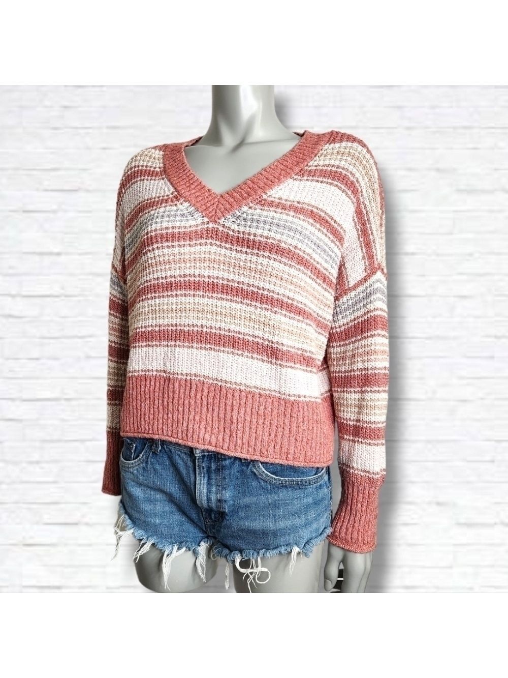 American Eagle Slouchy Striped Cropped Open Knit Sweater Size S